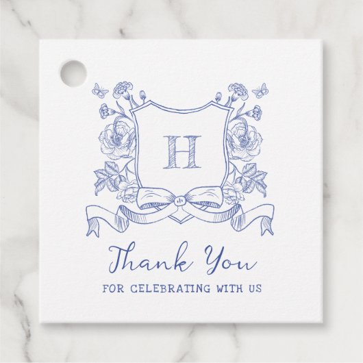 Rustikale Chinoiserie Bow Floral Wappen Babydusche Geschenkanhänger (Vorderseite)