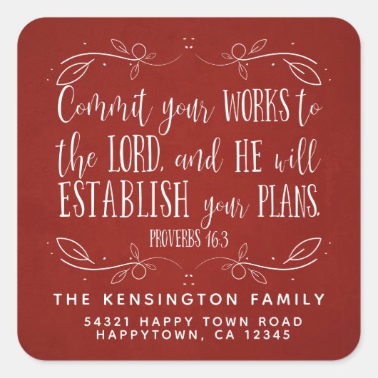 Rustikale Christliche Bibelverse Rote Adresse Quadratischer Aufkleber (Vorderseite)