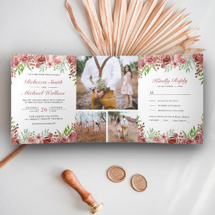 Rustikale Cinnamon Rose Blumenfotografie Hochzeit Dreifach Gefaltete Einladung
