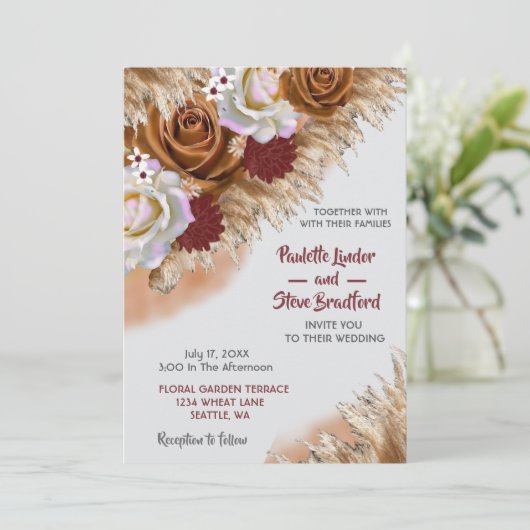 Rustikale Cinnamon Rose Wildblume Boho Wedding Einladung (Stehend Vorderseite)