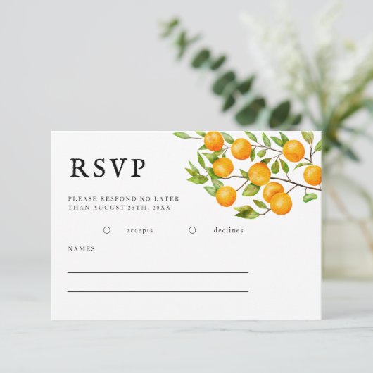Rustikale Citrus Orange Summer Wedding RSVP Card (Stehend Vorderseite)