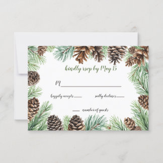 Rustikale Conifer-Blätter Kiefernzapfen Hochzeit RSVP Karte