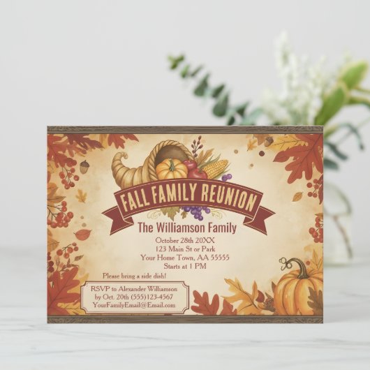 Rustikale Cornucopia Fall Wiedersehen Einladung (Stehend Vorderseite)