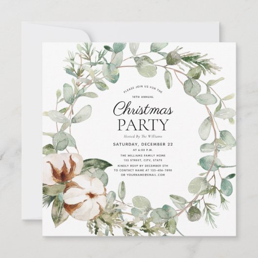 Rustikale Cotton Winter Greenerity Wreath Holiday Einladung (Vorderseite)