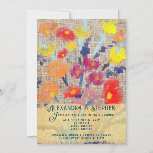 Rustikale Country Burlap Bohemische Wildblume Hoch Einladung (Vorderseite)