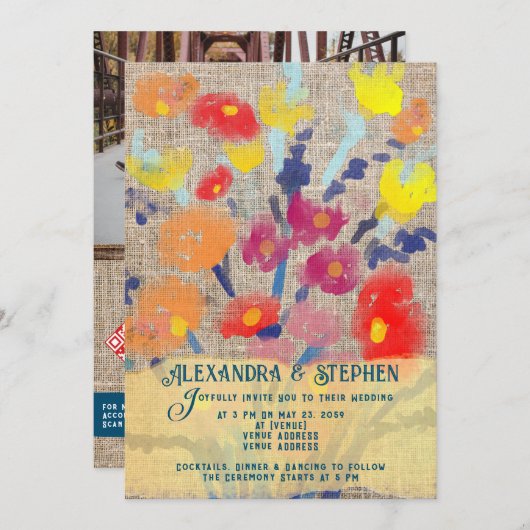 Rustikale Country Burlap Bohemische Wildblume Hoch Einladung (Vorne/Hinten)