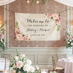 Rustikale Country Burlap Lace Floral Wedding Party Banner