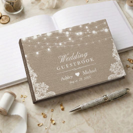 Rustikale Country Burlap-Streichellichter Hochzeit Gästebuch
