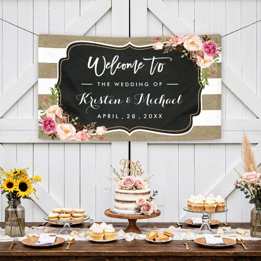 Rustikale Country Burlap Stripes Floral Wedding Pa Banner