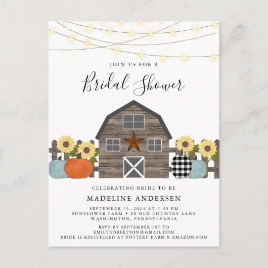 Rustikale Country Fall Bridal Dusche Einladung Postkarte (Vorderseite)