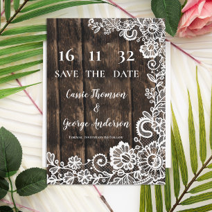 Rustikale Country-Lace-Holz-Hochzeit Save-the-Date