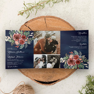 Rustikale Country Marsala Florale Navyblaue Hochze Dreifach Gefaltete Einladung