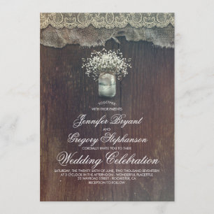 Rustikale Country Mason Jar und Gipskraut Hochzeit Einladung