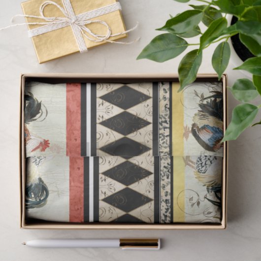 Rustikale Country Roosters Harlequin Black Decoupa Seidenpapier (Geschenk)