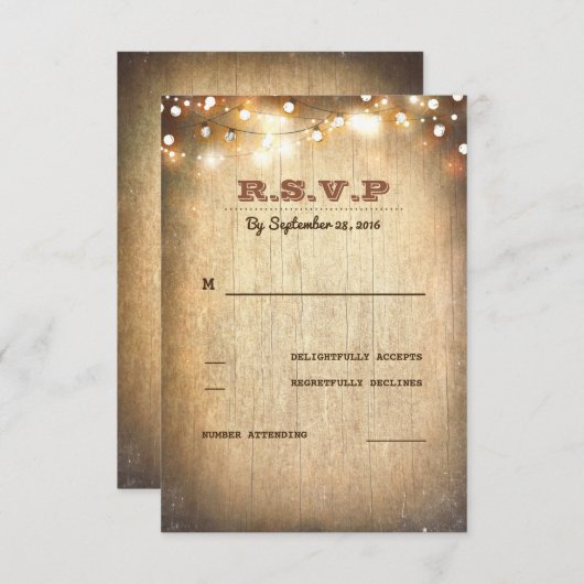 Rustikale Country String Lights Hochzeit RSVP Card (Vorne/Hinten)
