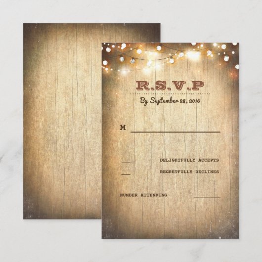 Rustikale Country String Lights Hochzeit RSVP Card Karte (Vorne/Hinten)