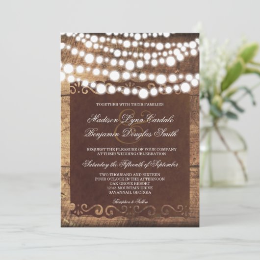 Rustikale Country String Lights Hochzeitseinladung Einladung (Stehend Vorderseite)