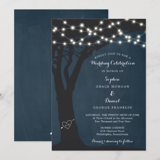 Rustikale Country String Lights Hochzeitseinladung Einladung (Vorne/Hinten)