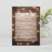 Rustikale Country String Lights Wood Lace Wedding Einladung (Stehend Vorderseite)