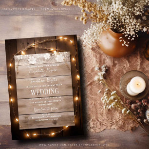 Rustikale Country String Lights Wood Lace Wedding Einladung