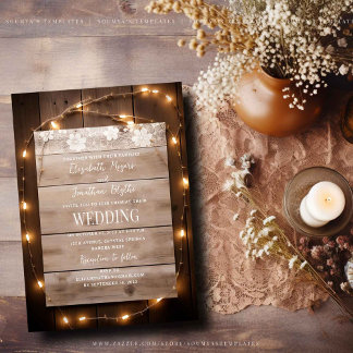 Rustikale Country String Lights Wood Lace Wedding Einladung