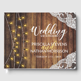 Rustikale Country String Lights Wood Lace Wedding Gästebuch
