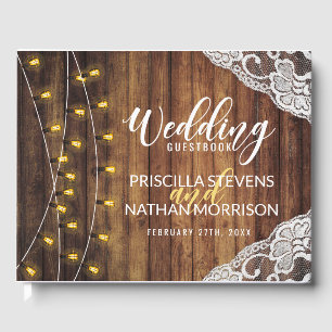 Rustikale Country String Lights Wood Lace Wedding Gästebuch