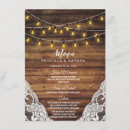 Rustikale Country String Lights Wood Lace Wedding Menükarte