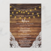 Rustikale Country String Lights Wood Lace Wedding Menükarte (Vorderseite)