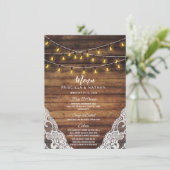 Rustikale Country String Lights Wood Lace Wedding Menükarte (Stehend Vorderseite)