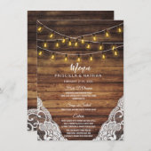 Rustikale Country String Lights Wood Lace Wedding Menükarte (Vorne/Hinten)