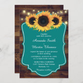 Rustikale Country Wood Aquamarin Sonnenblume Hochz Einladung (Vorne/Hinten)