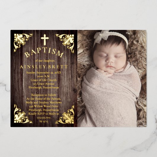 Rustikale Country Wood Baby Girl Foto Taufe - Gold Folieneinladung (Vorderseite)