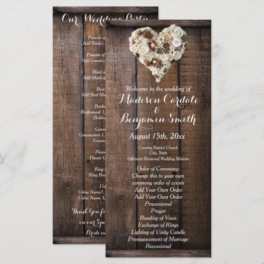Rustikale Country Wood Blume Herz Hochzeitsprogram Programm (Vorne/Hinten)