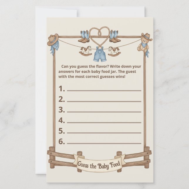 Rustikale Cowboy Baby-Dusche Raten Sie das Baby Fo (Vorderseite)