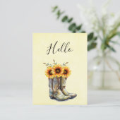 Rustikale Cowboy Boots mit Sonnenblumen Hallo Postkarte (Stehend Vorderseite)