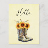Rustikale Cowboy Boots mit Sonnenblumen Hallo Postkarte (Vorderseite)