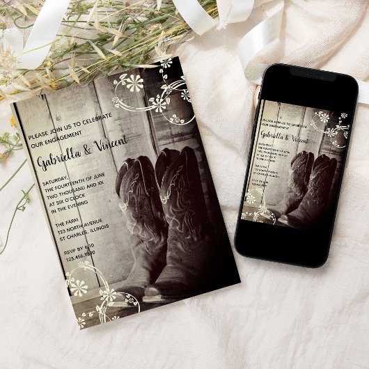 Rustikale Cowboy Boots Ranch Floral Engagement Par Einladung