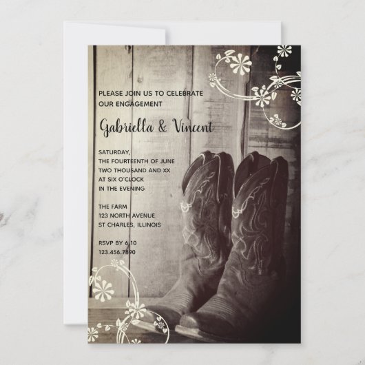Rustikale Cowboy Boots Ranch Floral Engagement Par Einladung (Vorderseite)