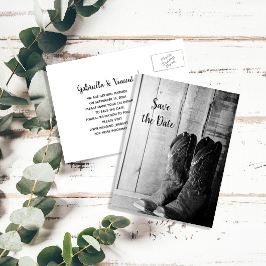 Rustikale Cowboy Boots Western Hochzeit retten das Ankündigungspostkarte