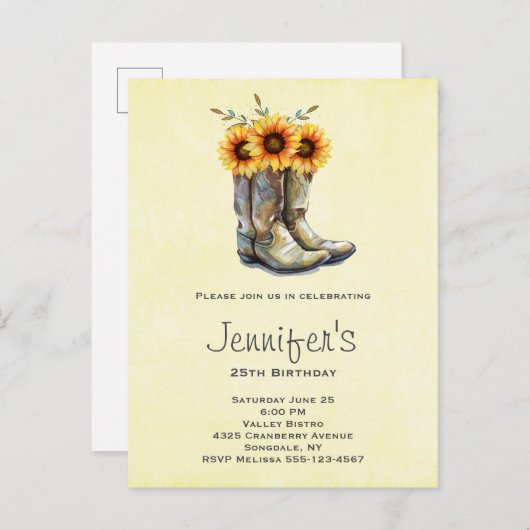 Rustikale Cowboy Stiefel mit Sonnenblumen Geburtst Einladungspostkarte (Vorne/Hinten)