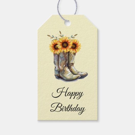 Rustikale Cowboy Stiefel mit Sonnenblumen Geburtst Geschenkanhänger (Vorderseite)