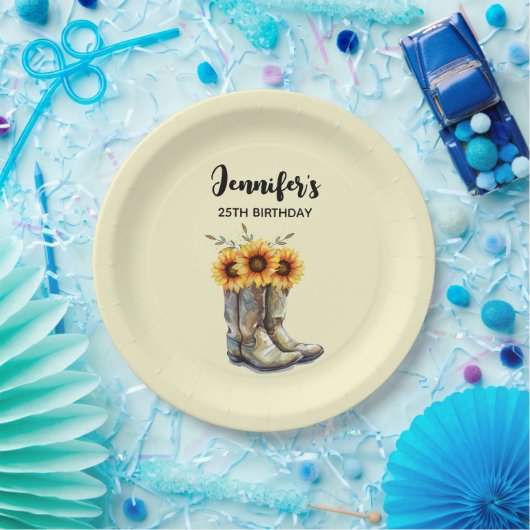 Rustikale Cowboy Stiefel mit Sonnenblumen Geburtst Pappteller (Party)