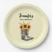 Rustikale Cowboy Stiefel mit Sonnenblumen Geburtst Pappteller (Vorderseite)