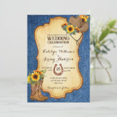 Rustikale Cowboy Stiefel und Hut Sonnenblumen deni Einladung (Stehend Vorderseite)