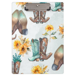 Rustikale Cowboy Stiefel und Sonnenblumen Aquarell Klemmbrett