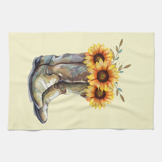 Rustikale Cowboystiefel mit Sonnenblumen Geschirrtuch (Horizontal)