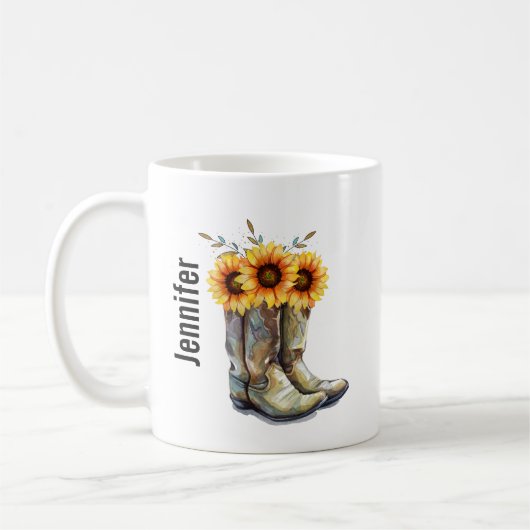 Rustikale Cowboystiefel mit Sonnenblumen Kaffeetasse (Links)