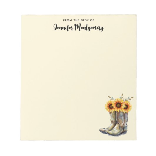 Rustikale Cowboystiefel mit Sonnenblumen Notizblock (Vorderseite)