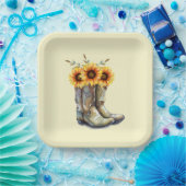 Rustikale Cowboystiefel mit Sonnenblumen Pappteller (Party)